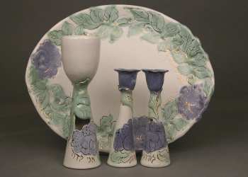 Shabbat ware, Blue Flower Kiddush  cup, challah plate, shabbat candlesticks